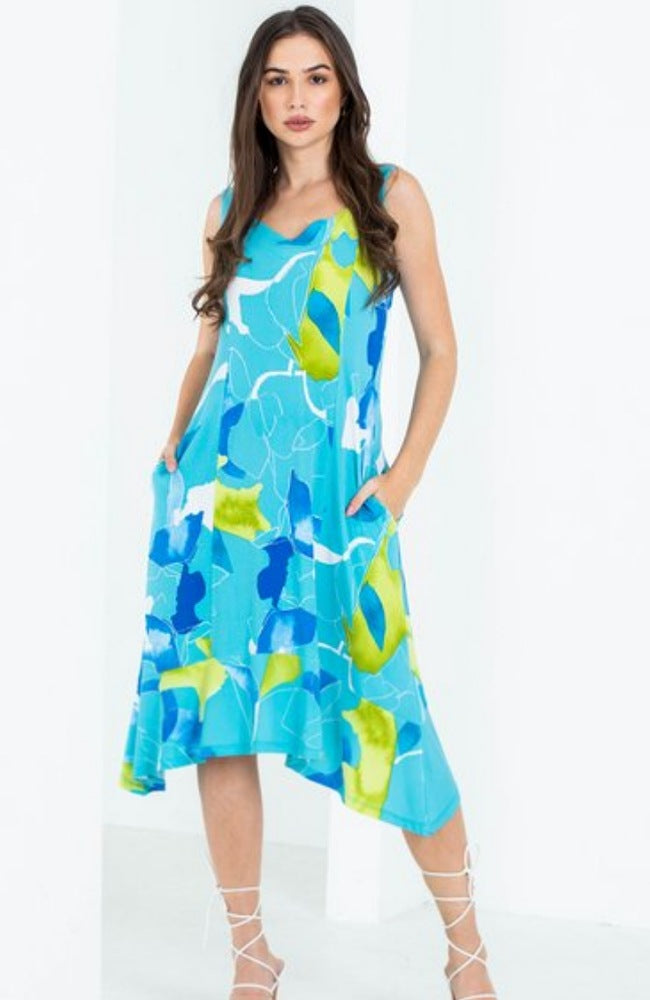 Turquoise Floral Midi Dress with Pockets