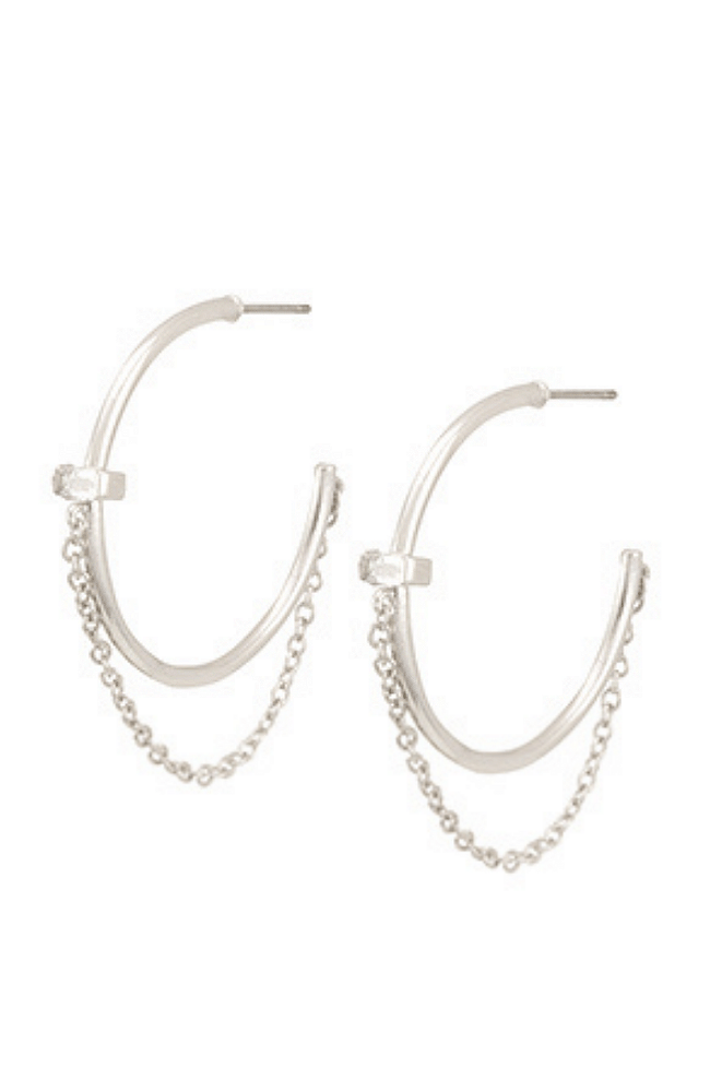 Platinum/Rhodium Nickel Free Earring with Chain Accents & CZ