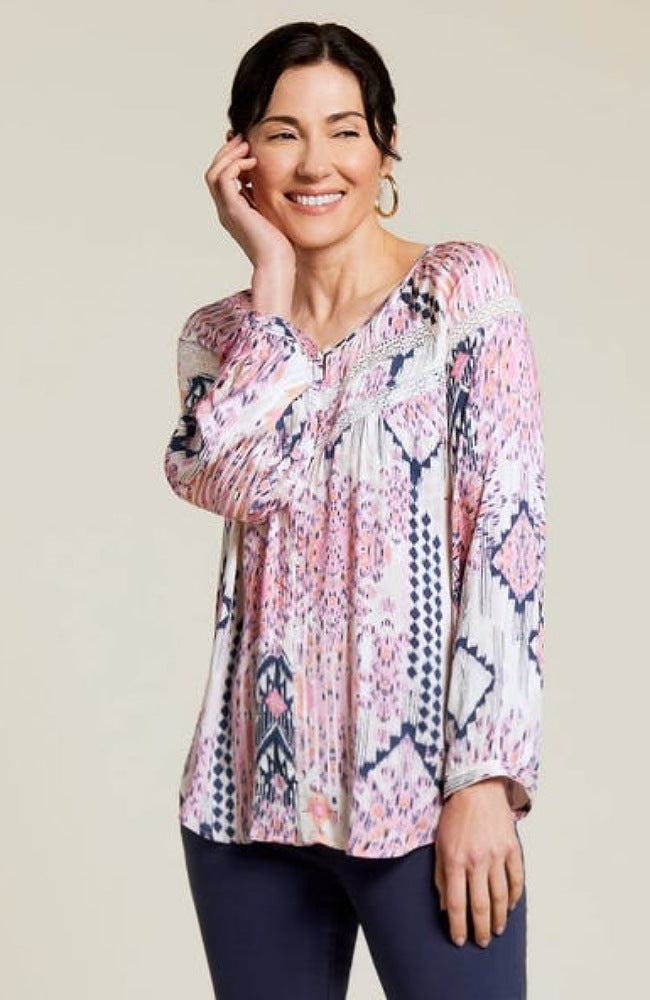 Printed Lace Insert Blouse