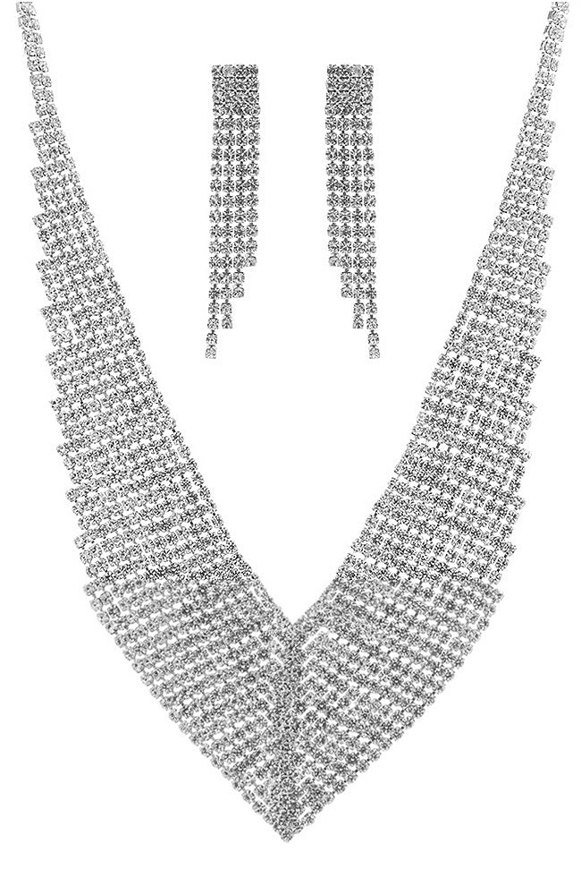 Silver V Shape 13 Row Rhinestone Necklace & Earrings