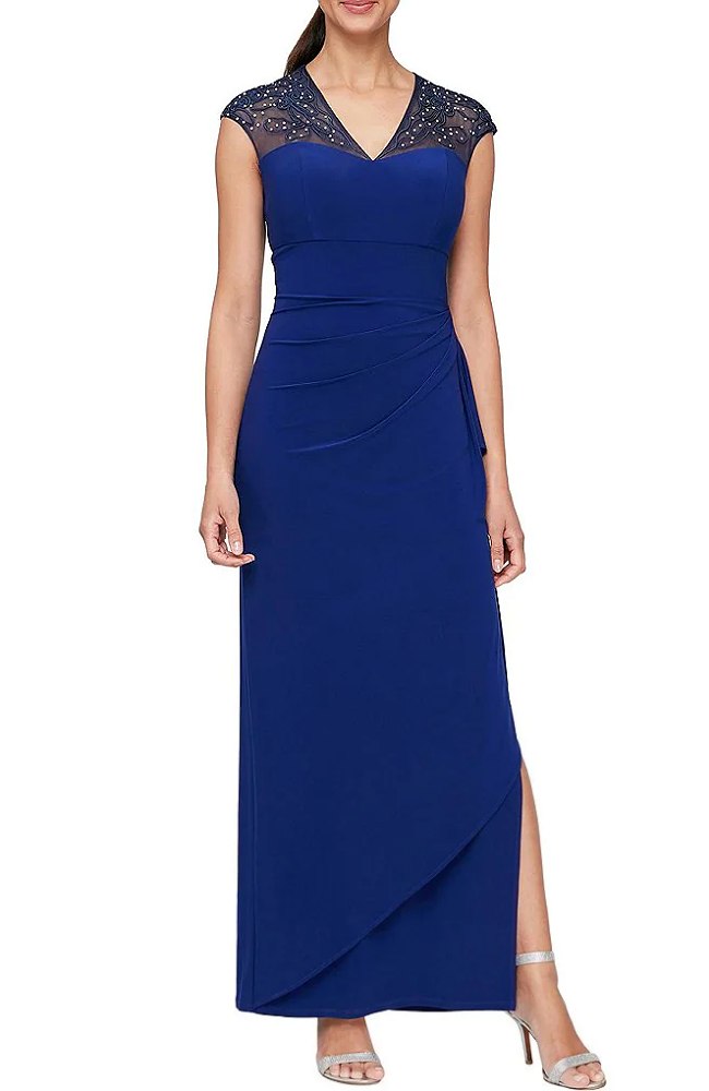 V-Neck Cap Sleeve Embellished Ruffle Side Slit Jersey Gown