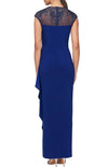 V-Neck Cap Sleeve Embellished Ruffle Side Slit Jersey Gown