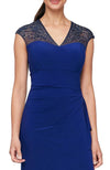 V-Neck Cap Sleeve Embellished Ruffle Side Slit Jersey Gown