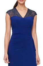 V-Neck Cap Sleeve Embellished Ruffle Side Slit Jersey Gown
