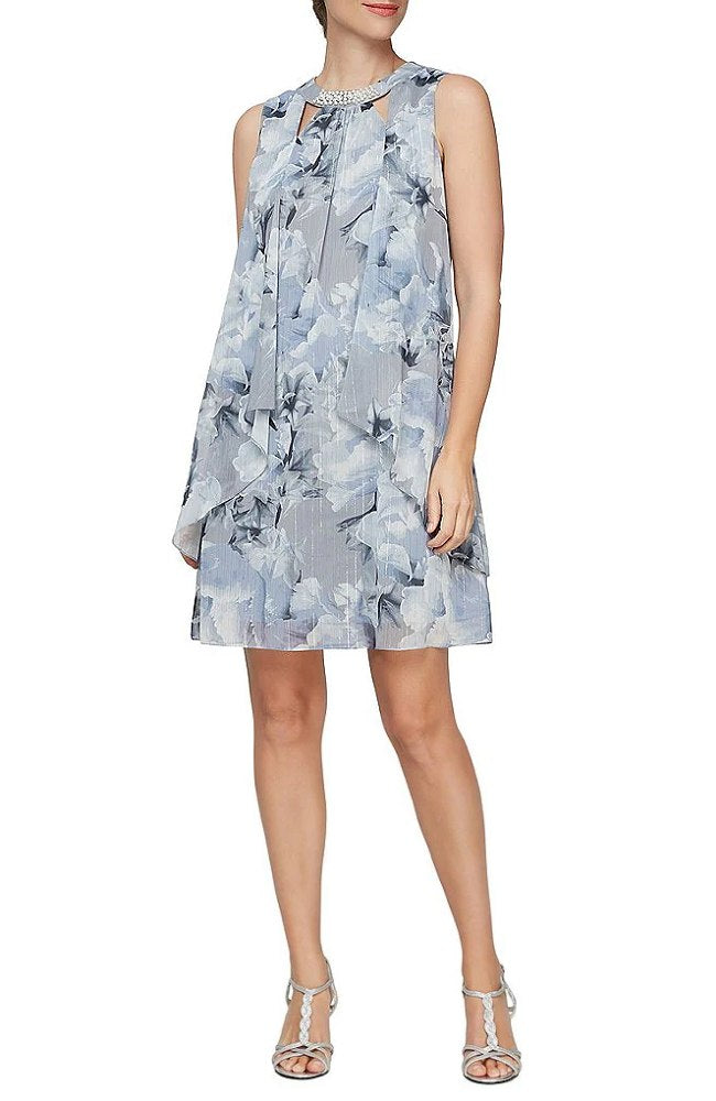 Printed Sleeveless Dress with Embellished Cutout Neckline