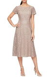 Cap Sleeve Tea Length Sequin Lace Dress