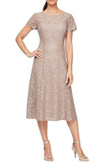 Cap Sleeve Tea Length Sequin Lace Dress