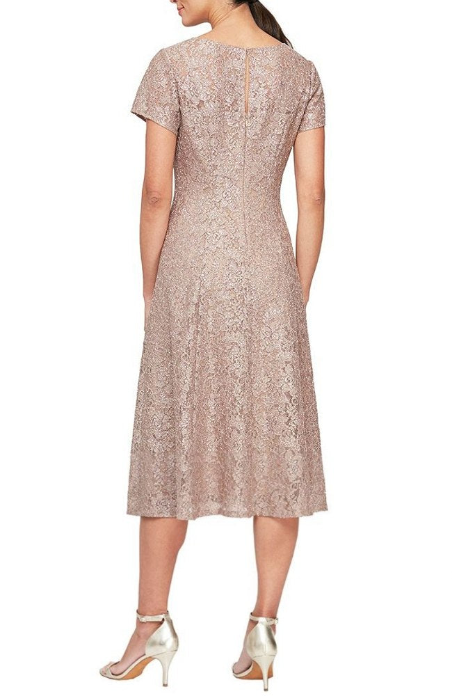Cap Sleeve Tea Length Sequin Lace Dress 12 / Taupe Cap Sleeve Tea Length Sequin Lace Dress 12 / Taupe