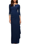 Long Navy A-line Dress Side Ruched Cascade Skirt-Petite