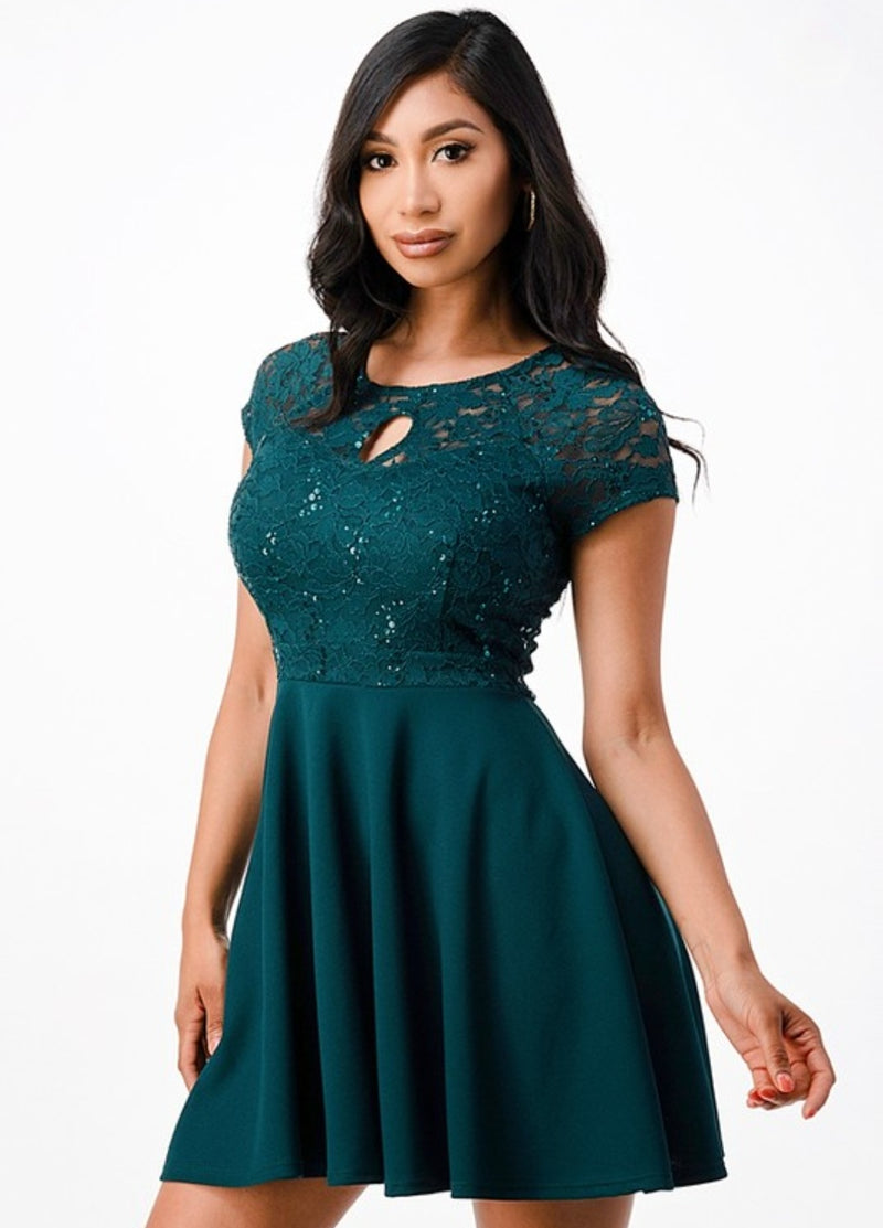 Hunter Green Short Sleeve Lace Top Skater Dress